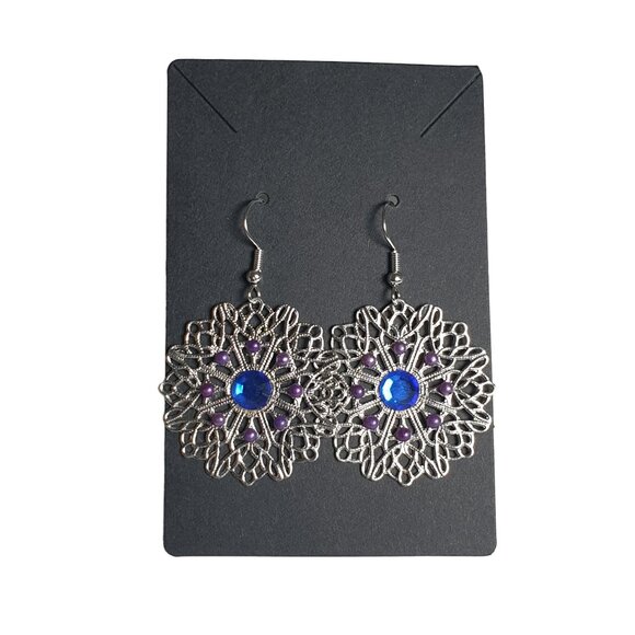 Silver Tone Filigree Dangle Plastic Rhinestone Vintage Earrings Women Jewelry - Picture 2 of 3